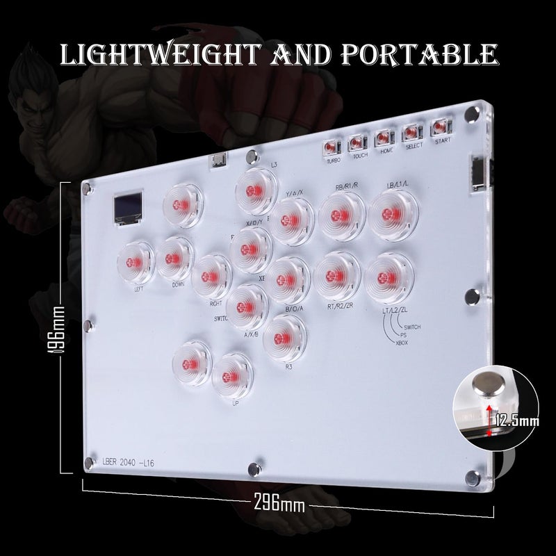 DO-CAM Arcade Stick All-Button Controller L16, Leverless Controller Street Fight with Turbo & SOCD, Arcade Stick Street Fight for PC/PS3/PS4/Steam/Switch Game Keyboard-Supports Hot Swap & Custom RGB(White) - Image 4